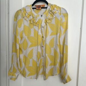 Tory Burch Silk Button Tot Ruffle Yellow Floral Blouse Sz 4 (fits like 2)